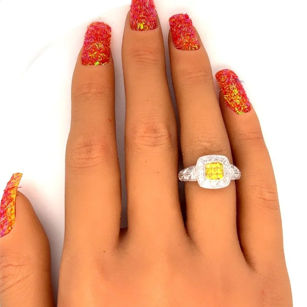 Stunning 14K Gold Yellow & White‎ Diamonds Square Ring